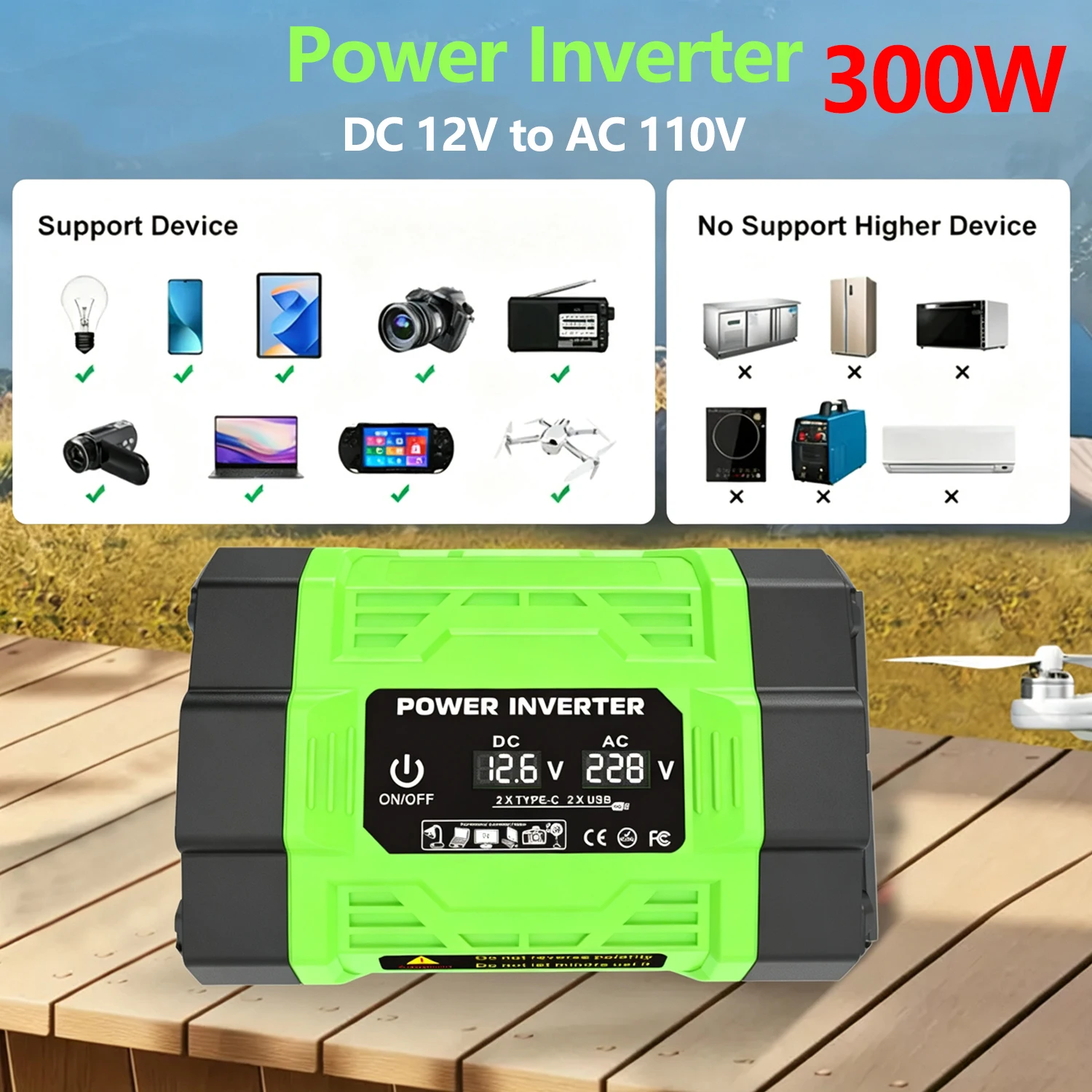300W Car Power Inverter DC 12V to AC 110V Modified Sine Wave Converter with 2 USB Ports 2 Type-C Ports 2 AC Outlets LCD Display Smart Cooling Fan for Vehicle RV Solar System Outdoor Camping Travel
