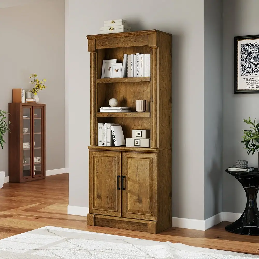 Roman Column Bookcase with Double Door Cabinet, 5 Tiers Tall Bookshelf Shelves Storage Anti Tip Kit, Classic American European
