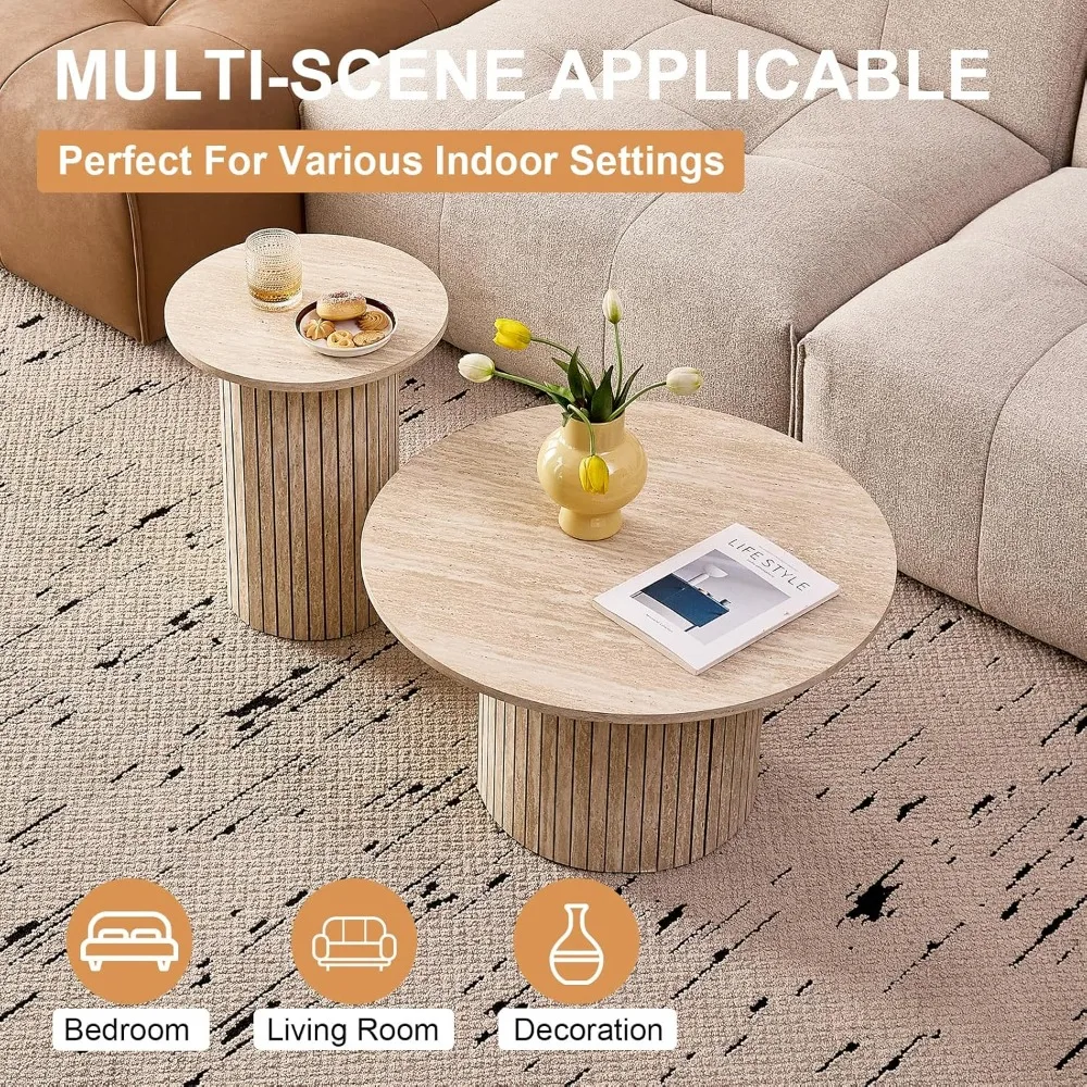 زوج من الطاولات الجانبية الخشبية الدائرية المدمجة، تصميم معاصر لمنطقة الأريكة، مثالية لتوفير المساحة في سبا المعيشة وغرفة النوم #4