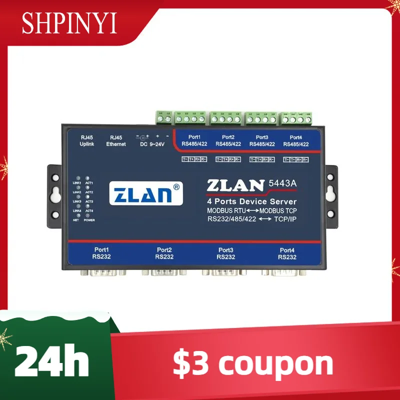 4 Port Serial RS232 RS485 Ke Ethernet TCPIP RJ45 Konverter Modbus RTU Ke TCP JSON MQTT IOT Gateway Perangkat Server ZLAN5443A