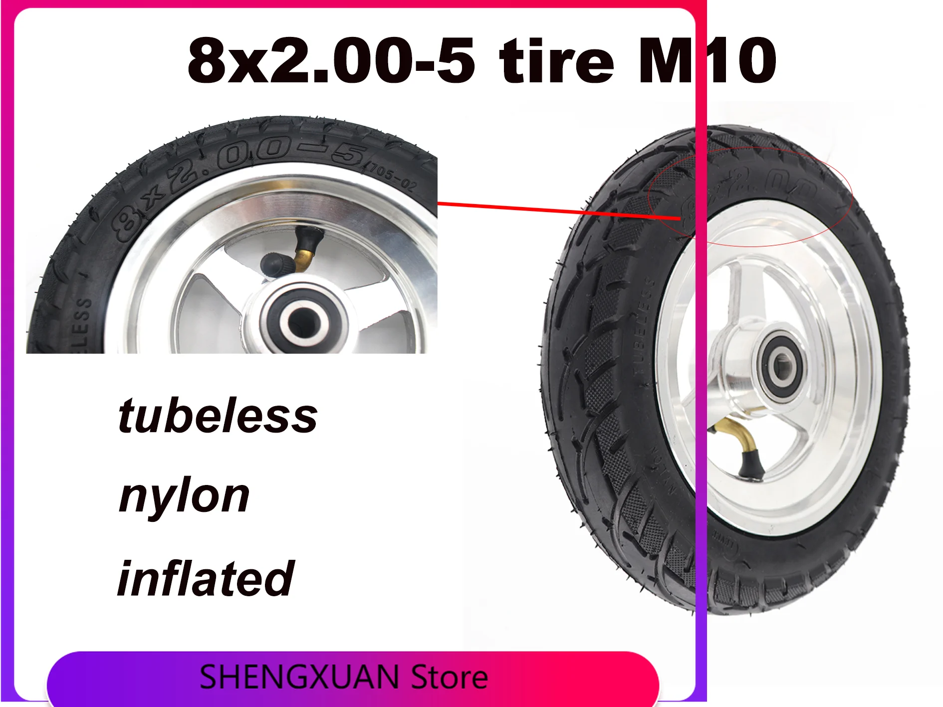 

8x2.00-5 дюймовая шина M10, Нескользящие бескамерные шины, детали электрического велосипеда, мотоцикла с пневматическим нейлоновым колесом и ступицей из сплава