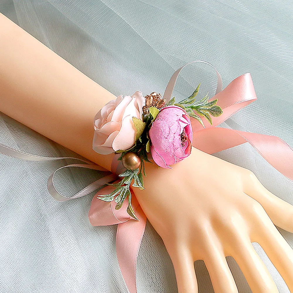 Wedding Wrist Flowers In Various Colors Exquisite Satin Ribbon Bow Wedding Party Flower Appliques Simulated Flower Bracelet