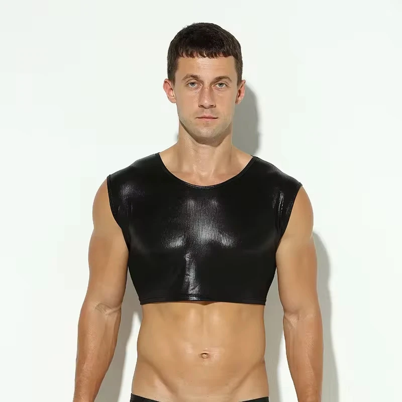 Mens Short Vest Sexy Leather Round Neck Sleeveless Stage Catwalk Tight Sports High Elastic Vest for Men