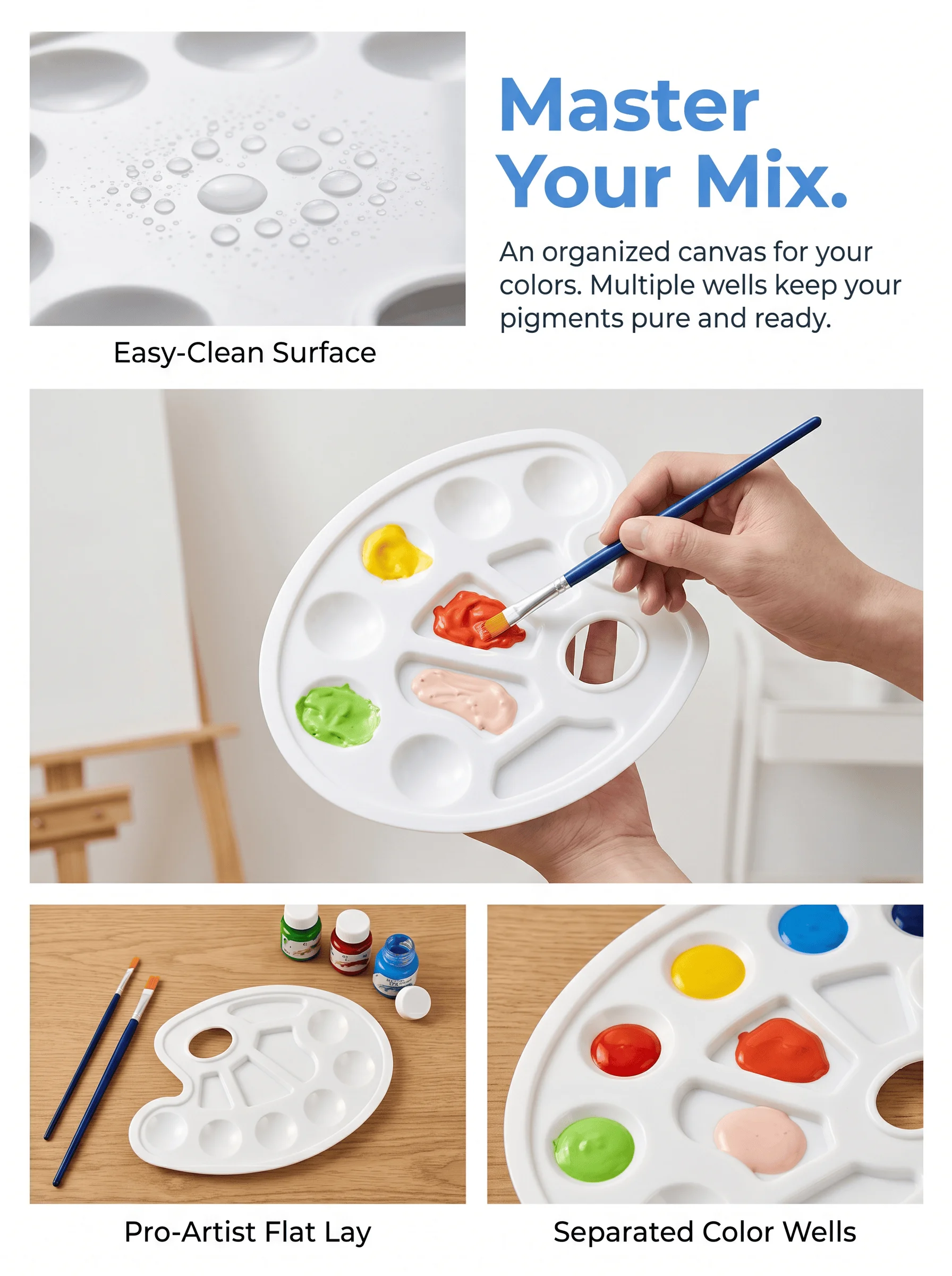 Multi-Pack Professional Art Paint Palette, Multi-Well Mixing Tray for Acrylic Oil Gouache Watercolor, Easy-Clean Artist Supplies