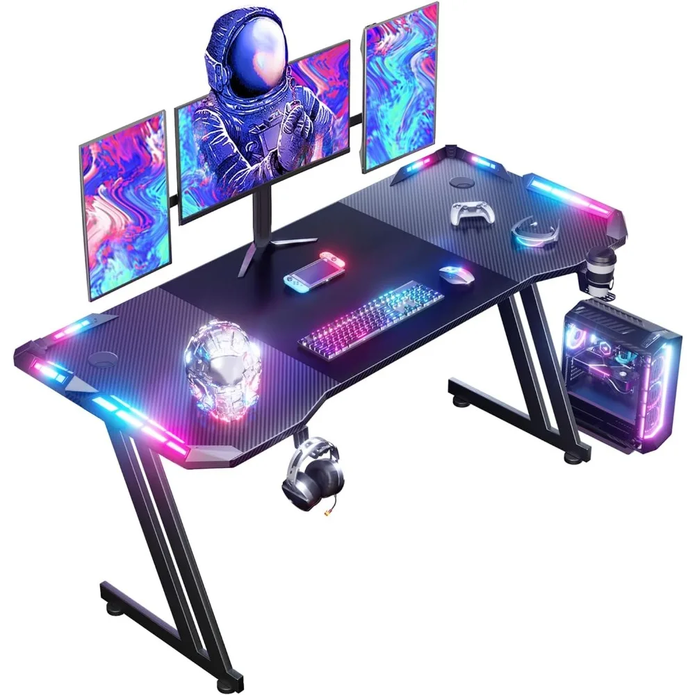 Gaming LED Bureau Gamer avec Plateau en Fibre Carbone Grande Table Gaming Bureaux Informatique avec Tapis