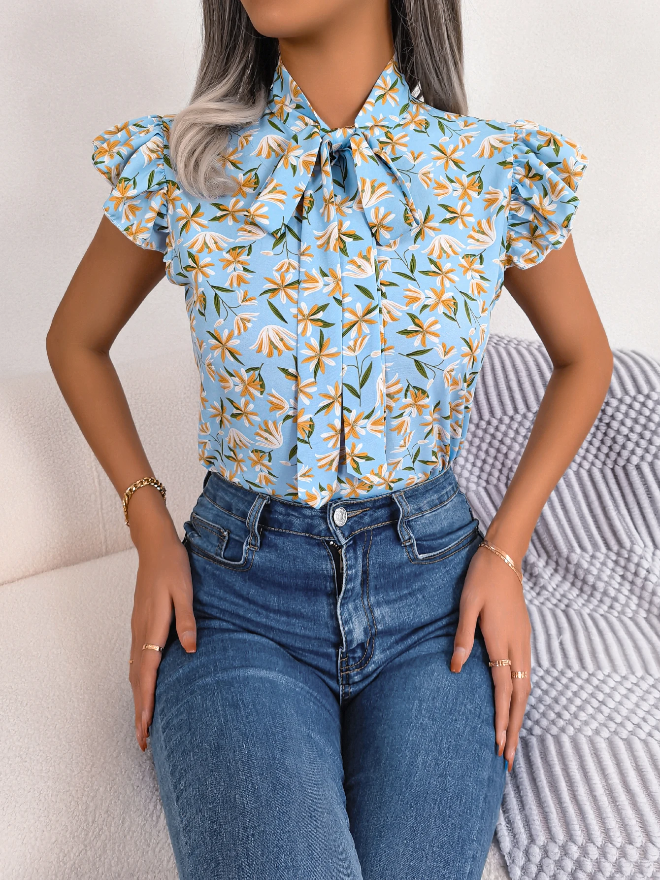 Women Casual Floral Print Bow Ruffles Chiffon Blouse Summer Top