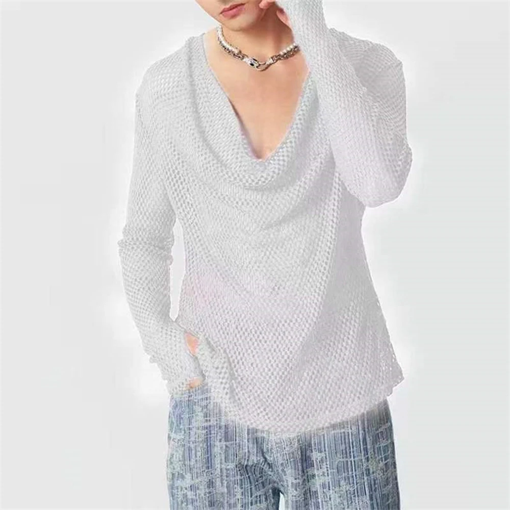 Mens Sexy See-Through Mesh Long-Sleeved Top 2024 New Genderless Nightclub Individuality Youthful Thin Low-Cut T-Shirt Unisex