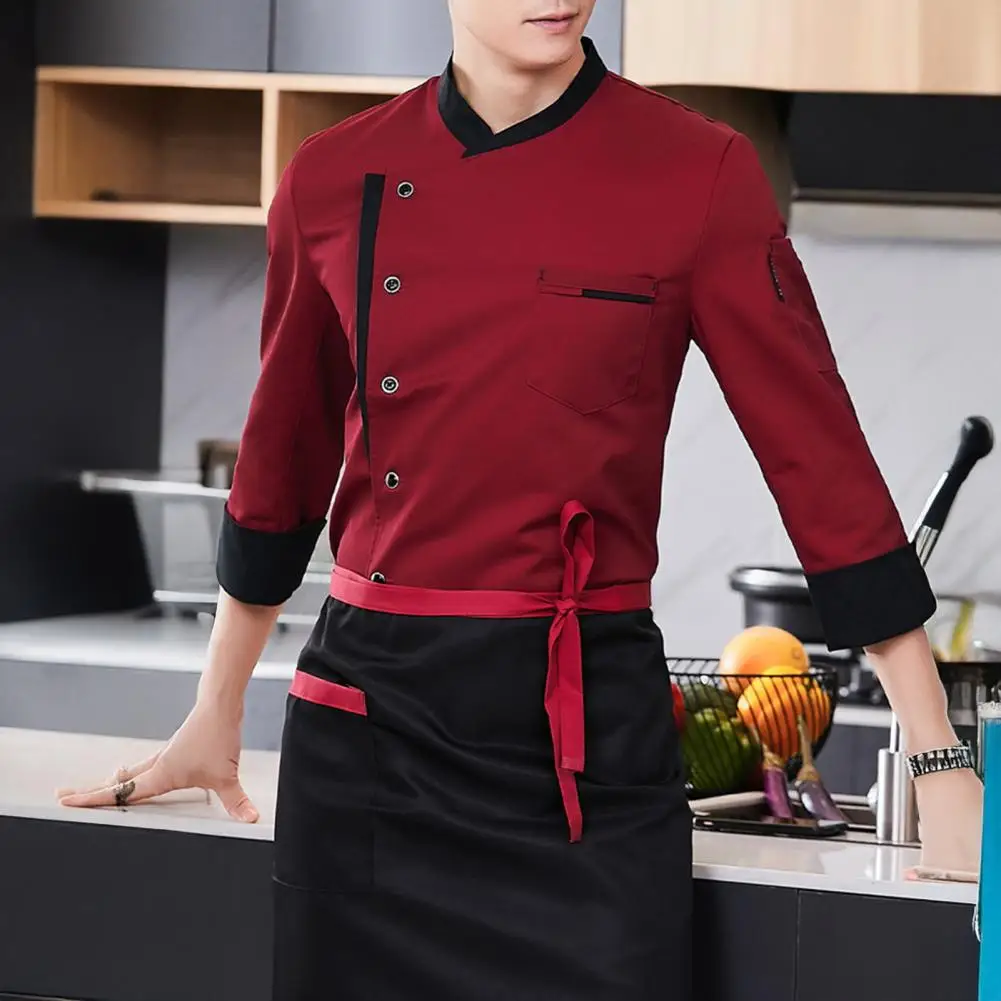 Chef Uniform Apron Set Stand Collar Short Sleeve Wrinkle-Resistant Chef Tops with Multi-Pocket Design Patchwork Color Profession