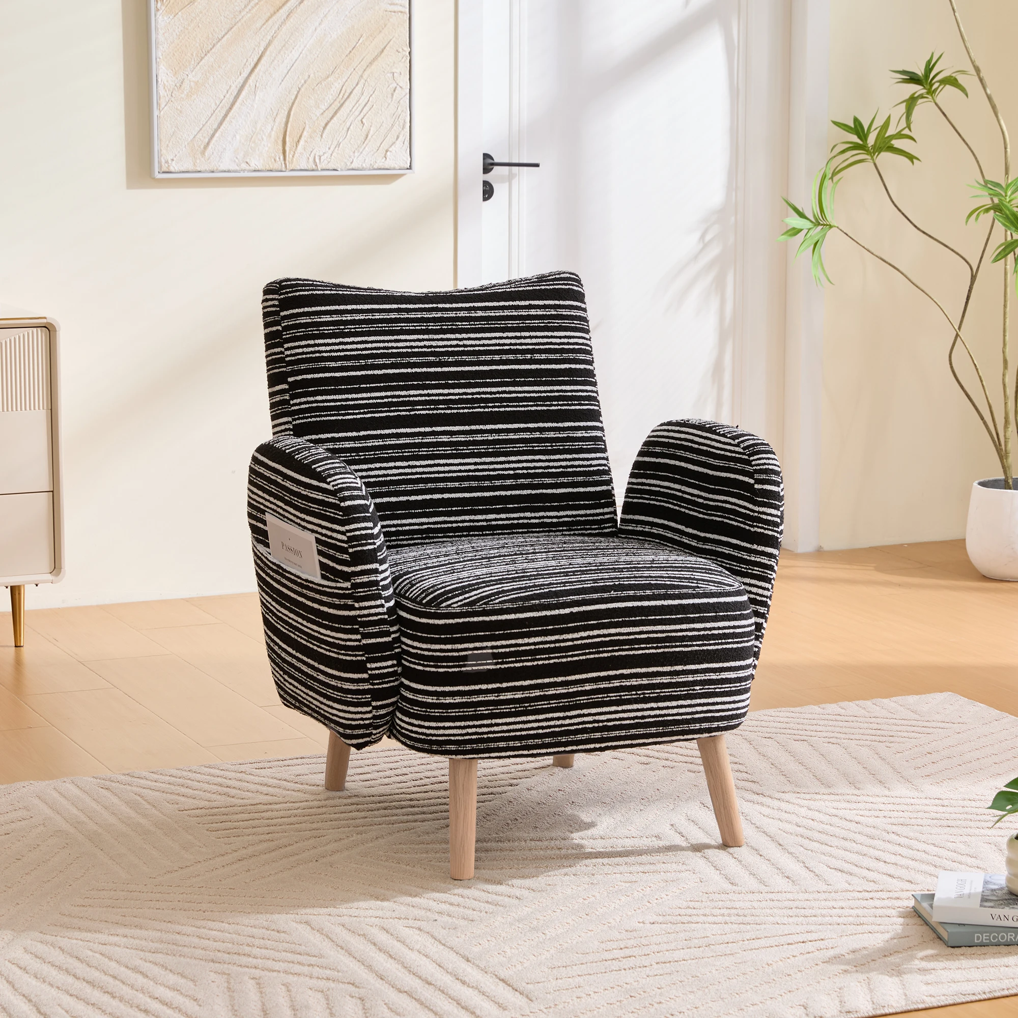 Fauteuil de salon, sac de rangement latéral et dossier ergonomique, stable pour la lecture et la relaxation, bouclé-noir