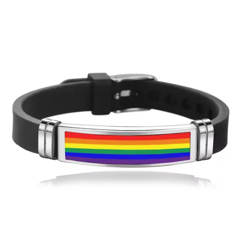 LGBT Pride Bracelet Jewelry Epoxy Rainbow Flag Stainless Steel Silicone Bracelets For Women Men