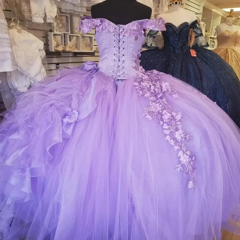 Vestido de baile de lavanda iridiscente de lujo para quinceañera, vestidos de graduación sin hombros, perlas con cuentas, espalda con cordones, flores florales 3D Plus