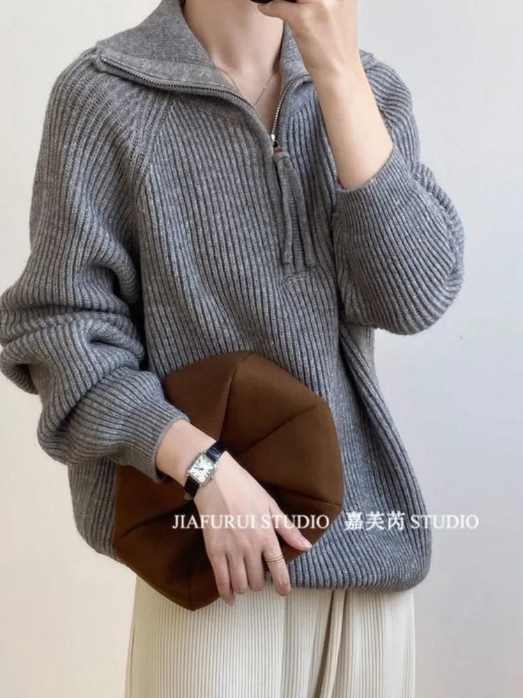 Autumn Winter Korean Women\'s Sweater Loose Zippers Turtleneck Sweaters Warm Solid Pullover Knitwear Basic Female Tops