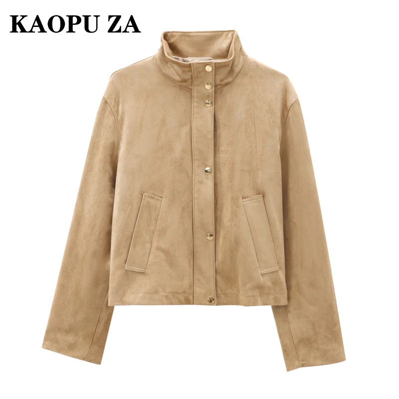 KAOPU ZA 2024 New Autumn Ladies Fashion Real Suede Jacket with Button Retro Slimming Leather Coat Streetwear Style