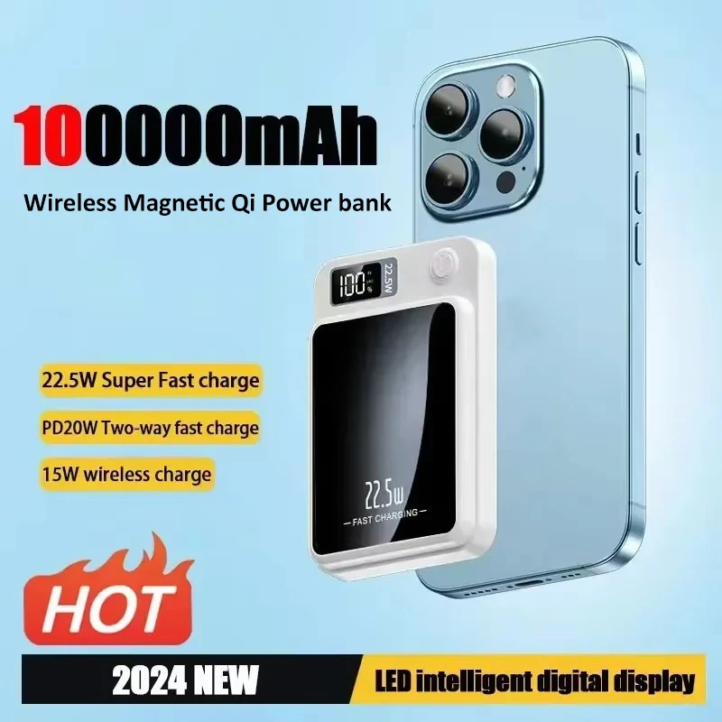 100000mAh Wireless Magnetic Power Bank Super Fast Charging Ultra High Capacity Digital External Battery Power Bank For Iphone 16