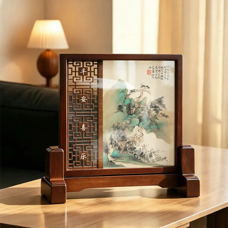 Wood decorative painting screen solid wood carving table study living room desktop screen ornament
