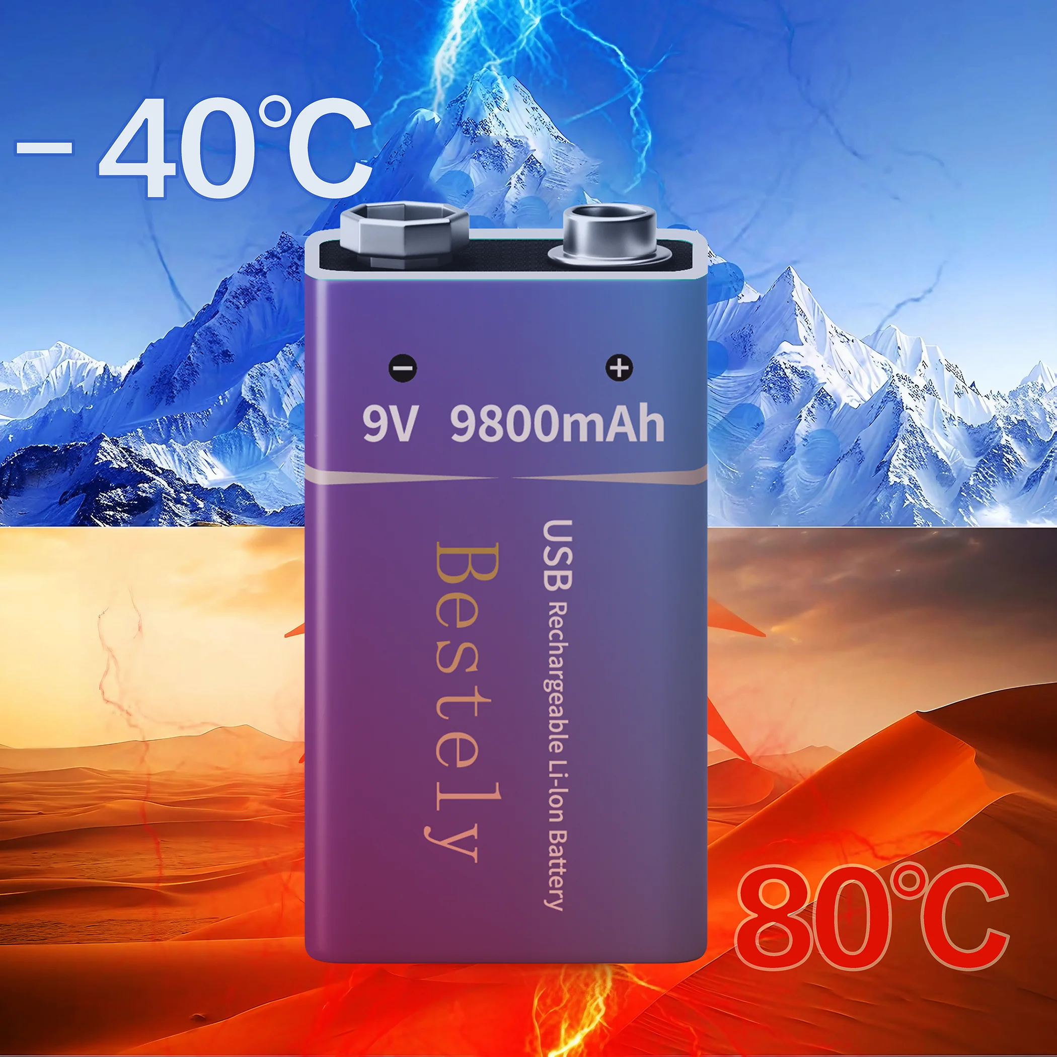 Bestely New 9V Rechargeable Lithium Batteries 9800mAh Fast Charging Long Lasting with Cable for Smoke Detector Multimeter Mic