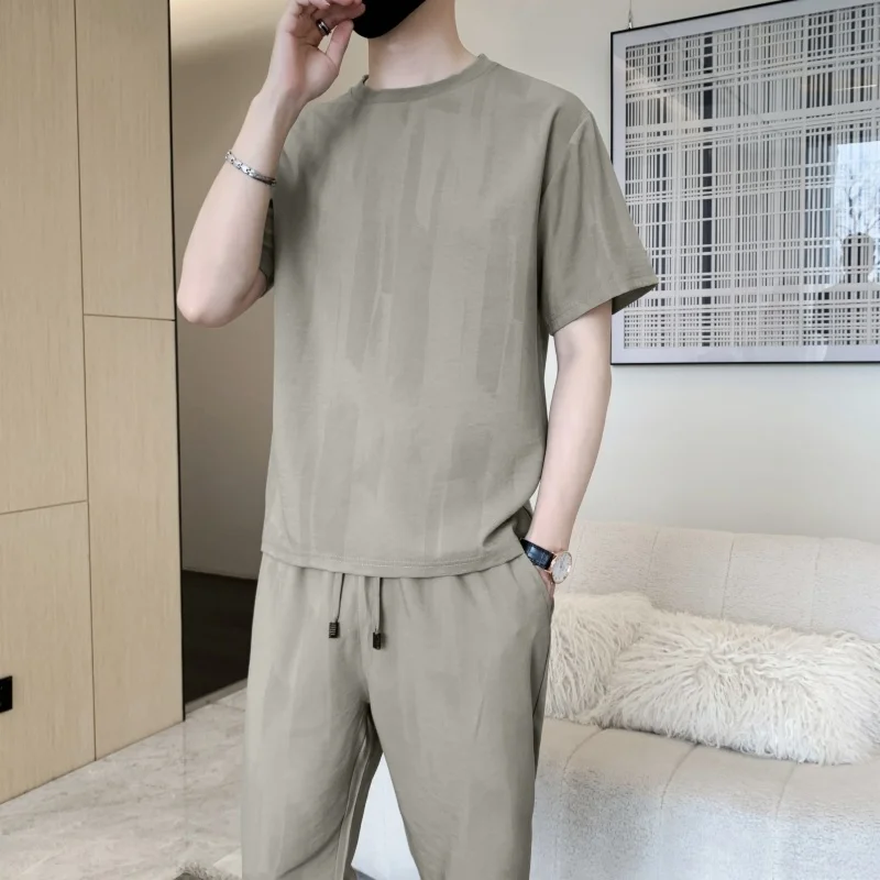 

Мужской спортивный костюм из ледяного шелка: легкий летний повседневный модный комплект из двух предметов из полиэфирного волокна