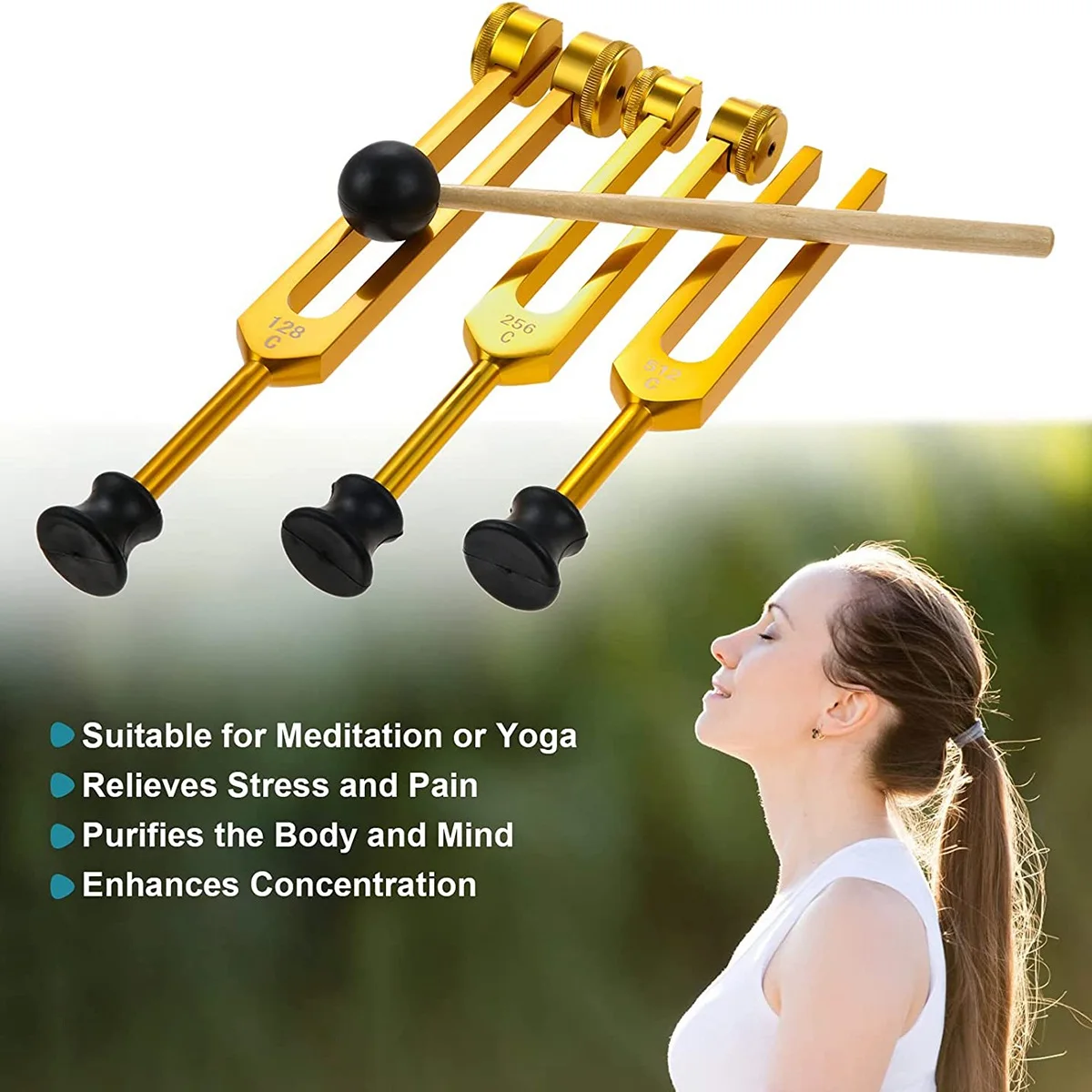 A47U 3Pack Tuning Fork Set(128Hz, 256Hz, 512Hz) Tuning Fork Kit for Healing, Chakra, Sound Therapy, Sonic Slider Fork (Gold)