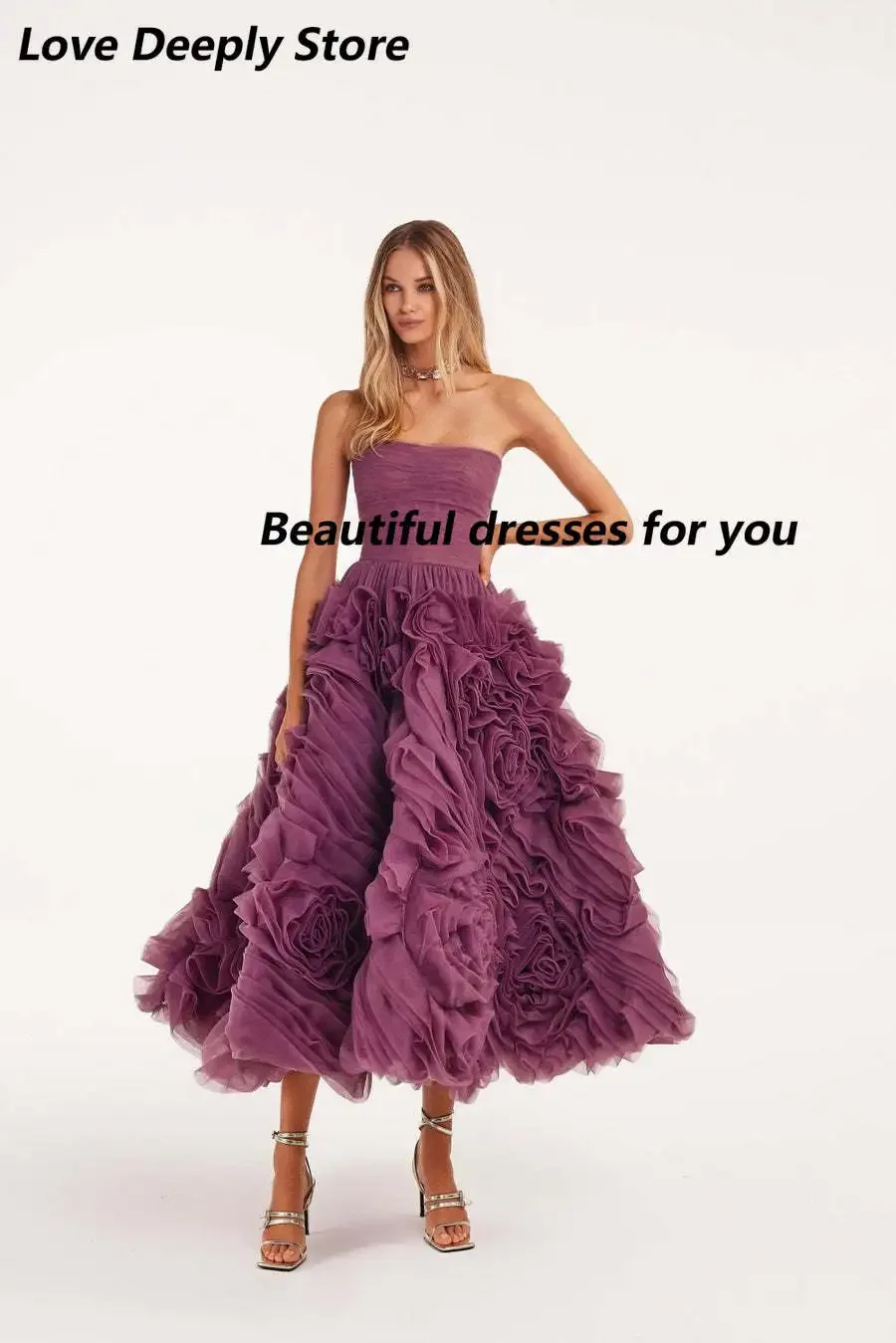 Customized Sexy Strapless Prom Dresses 3D Flower Lace Up Back Formal Evening Gowns Elegant Ball Gown for Homecoming Dresses