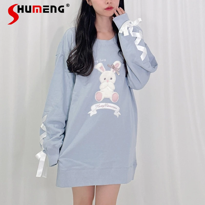 

Sweet Cute Bunny Printed Sleeve Lace-up Sweatshirt 2024 Spring New Japanese Style Loose Long Sleeve Pullover Mid-Length Tops