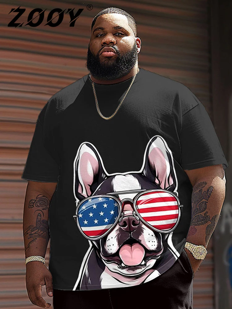 L-9XL Plus Size Round Neck Short Sleeve T-shirt for Men Casual American Flag Gesture Dog Head Printed Fashion Top ZOOY