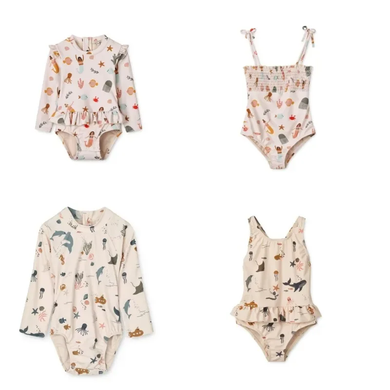 Girls Swimwears Ocean Long Sleeved Swimsuit Apricot Mermaid One-pieces Baby Girl Swimwear  Kids Vacation Sunscreen Swimsuits