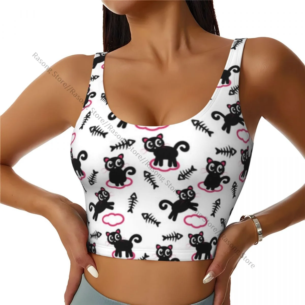 Yoga Vest Women Gym Sports Crop Tops Black Cats On Cloud With Fish Streetwear Workout Breathable Tank Top Female