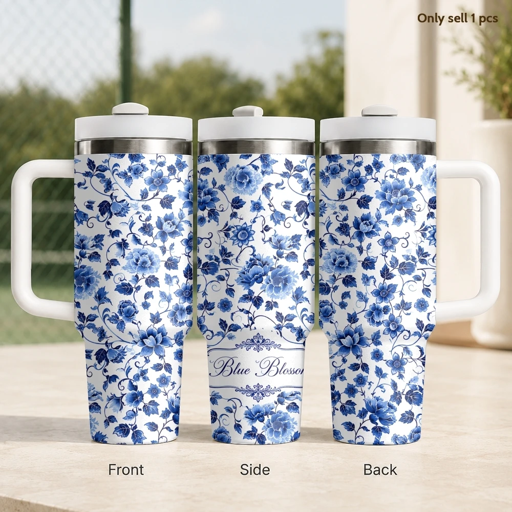 Elegant Blue Porcelain Garden Floral Repeat Vacuum Flasks 40oz Stainless Steel Insulated Tumbler Straw Leakproof Travel Mug