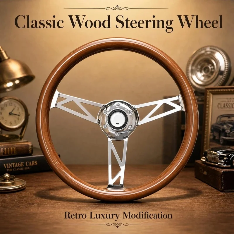 High Quality Retro Solid Wood Racing Steering Wheel With Silver Plated Spoke Interior Accessory