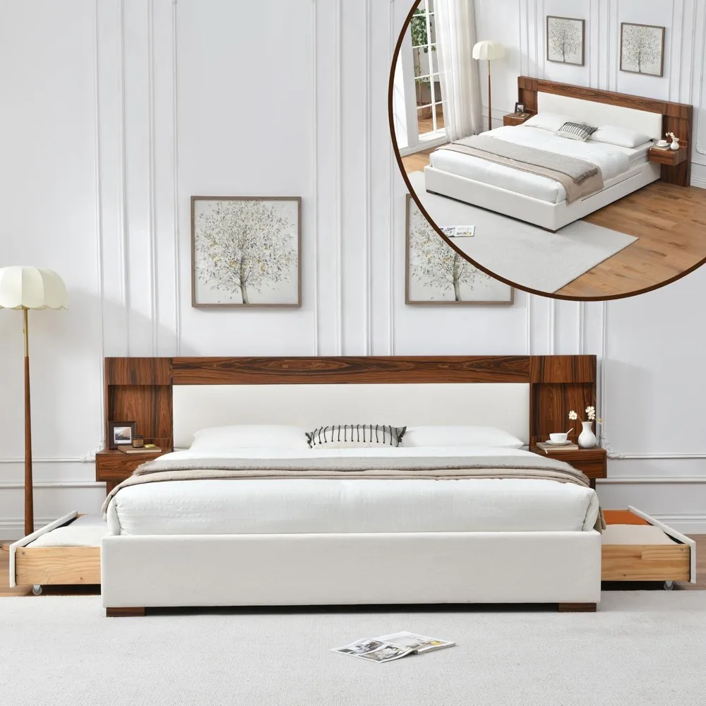 

King Size Wood Bed Frame with Built-in Nightstands, Linen Platform Bed Frame with 2 Drawers, Natural Wood Grain & Luxury Upholst