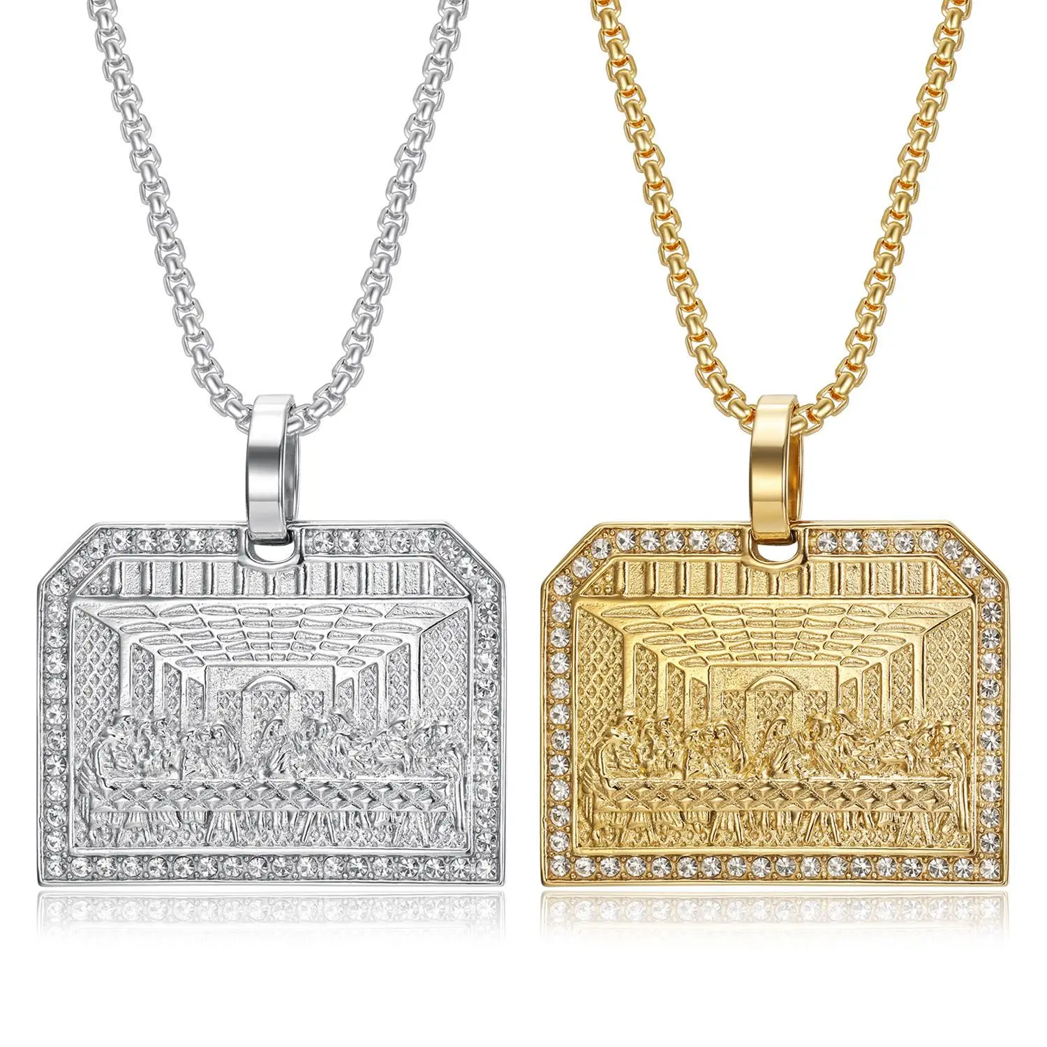 Religious The Last Supper Pendant Golden Silvery Color Stainless Steel Christian Square Necklace for Women Men Jewelry