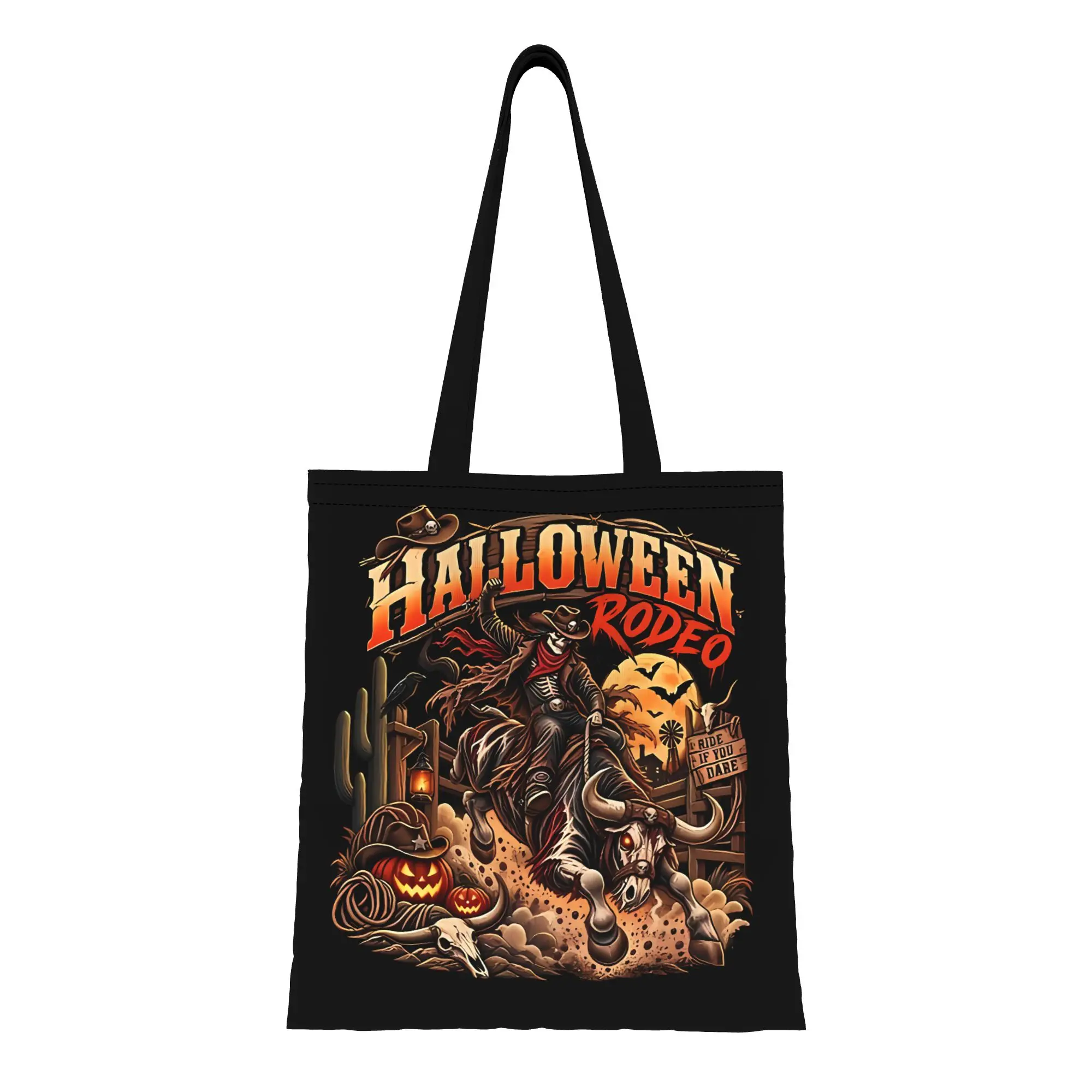 Halloween Rodeo Skeleton Cowboy Riding Haunted Bull  Western canvas tote bag,  casual style for daily shopping