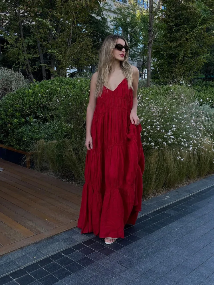

Chic V Neck Solid Sling Maxi Dress Backless Sleeveless Skinny Women Elegant High Waist Summer Gown 2025 Beach Lady Vacation Robe