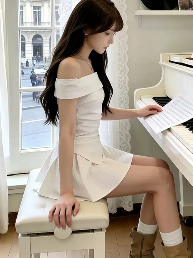 Summer New Pure Desire Waist-Cinching Slimming One-Shoulder Top High Waist  Skirt Striped Two-Piece Set Women's Fashion