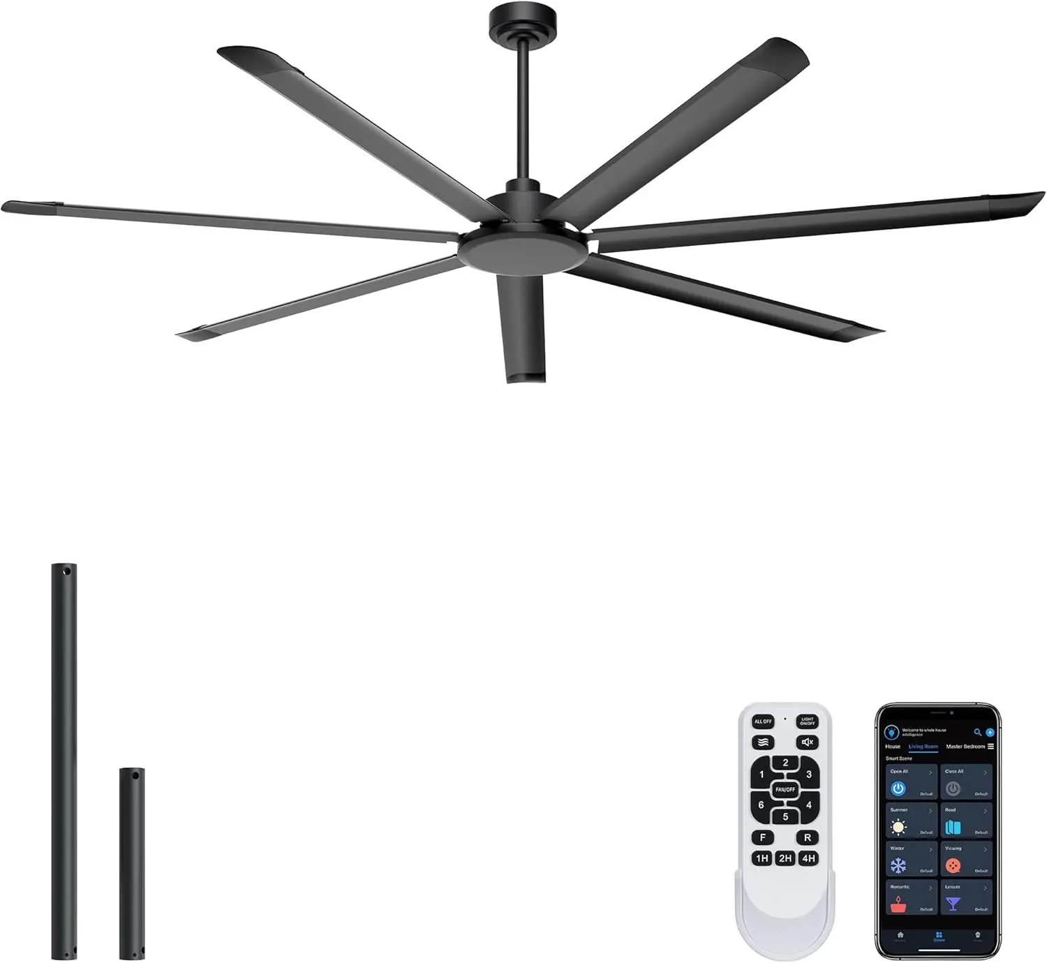 

Industrial Ceiling Fan 84 Inch No Light, Black DC Motor with Remote and App, Aluminum Blades, 11000 CFM for Shop, Warehouse, Garage, Patios
