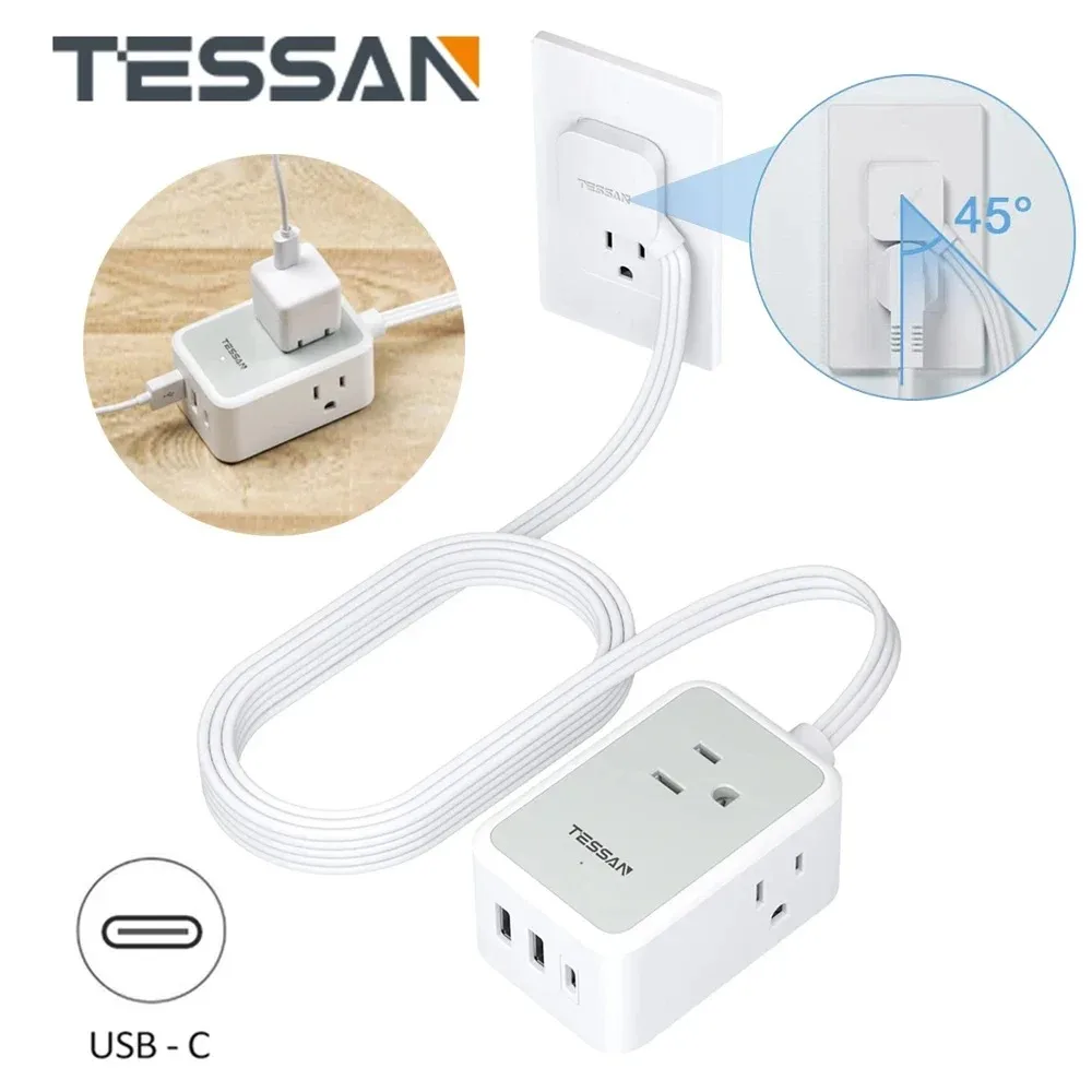 TESSAN 3 FT Wrapped Flat Plug Extension Cord with 4 AC Outlets & 3 USB(1 USB C), 7 in 1 Portable Power Strip for Home, Travel