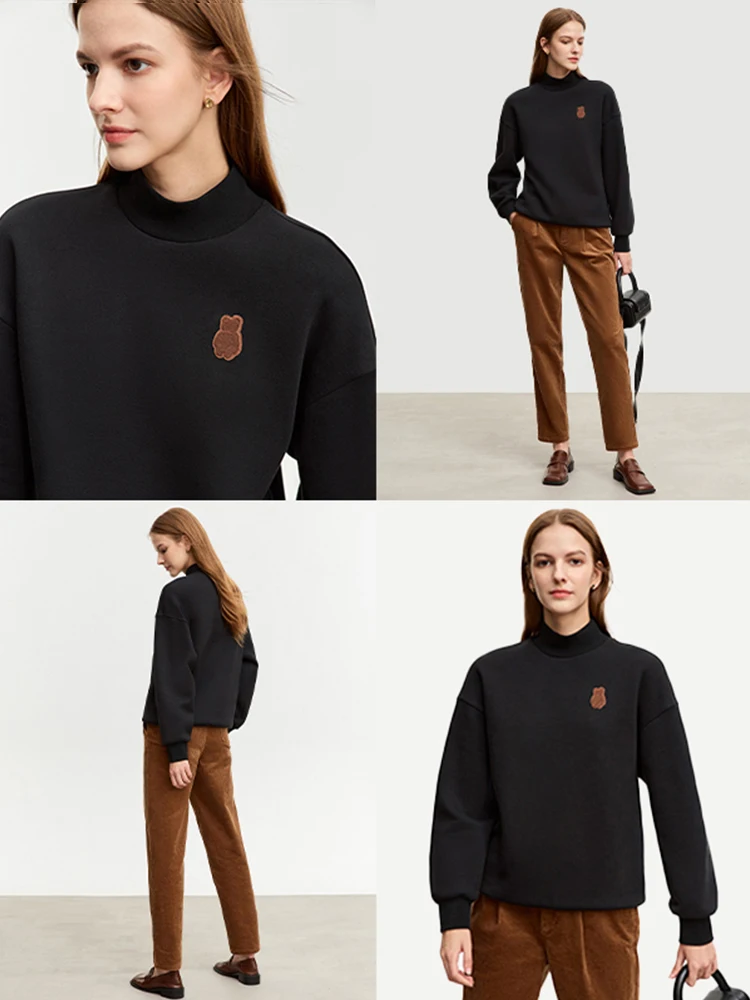 Felpe con cappuccio invernali sportive minimaliste AMII per le donne 2023 nuova camicia con fondo allentato ricamo orso Pullover accogliente in pile