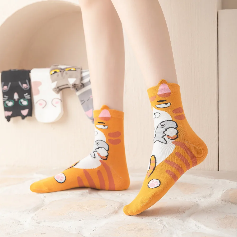 5 Pairs/Lot Women's Fashion Cartoon Socks Japanese Lovely Cat Crew Socks Breathable Student Socks For Ladies