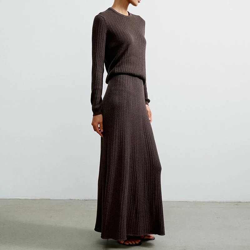 

Однотонный домашний комплект с длинной юбкой в ленивом стиле, модный вязаный комплект, пуловер с длинными рукавами и юбкой, повседневный и удобный комплект