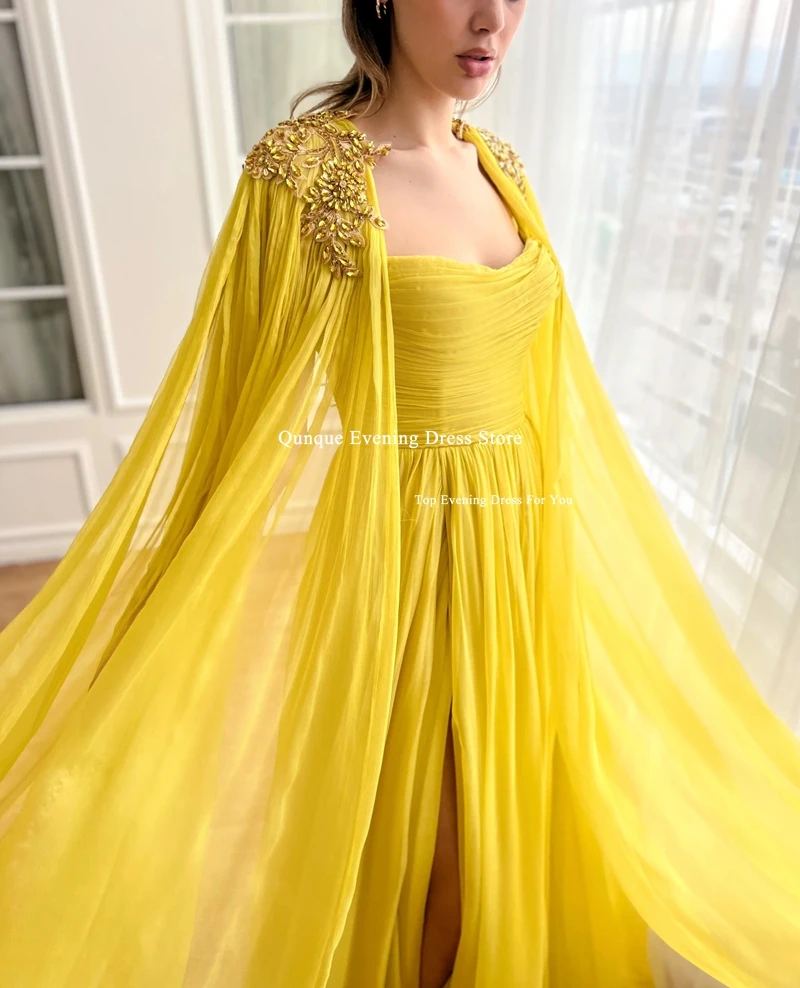 Qunque New Customized Party Evening Dress Celebrity Gowns High Slit Evening Dress With Detachable Crystals Cape Vestidos De Gala