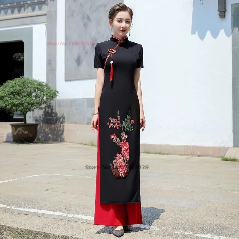 2024 traditional vietnam aodai dress+pants set flower embroidery dress ao dai improved qipao dress elegant banquet party dress