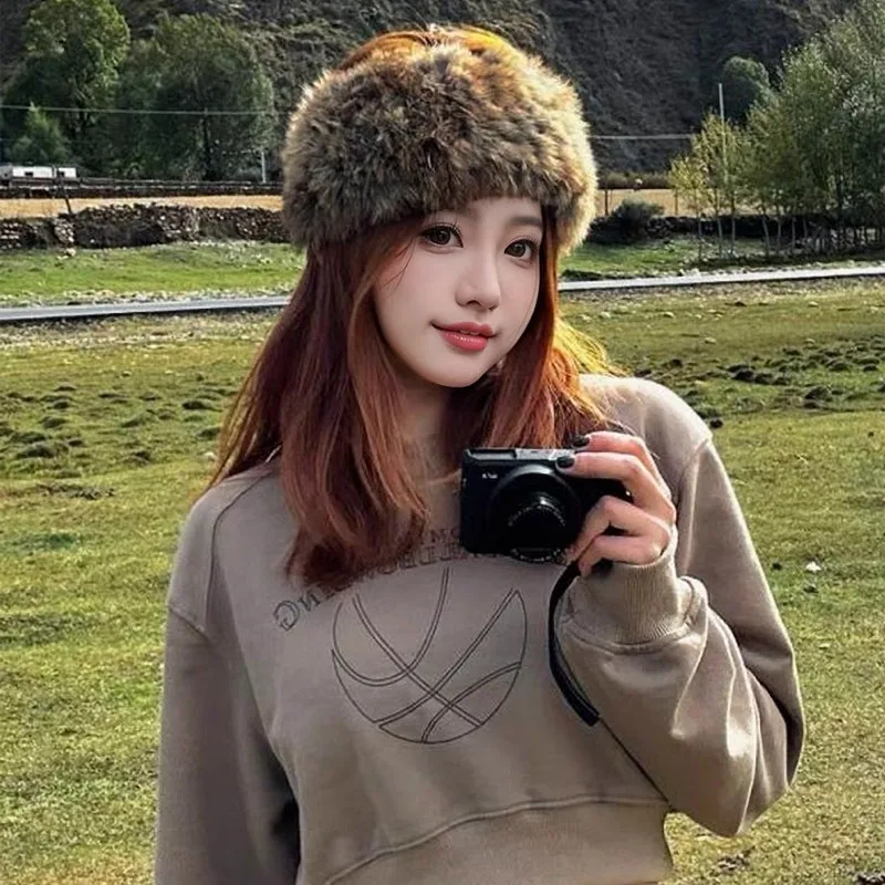 Autumn Winter Women Men Imitation Rabbit Fur Headband Elastic Hair Band for Ladies Warm Empty Top Plush Hat Hair Accessoriess