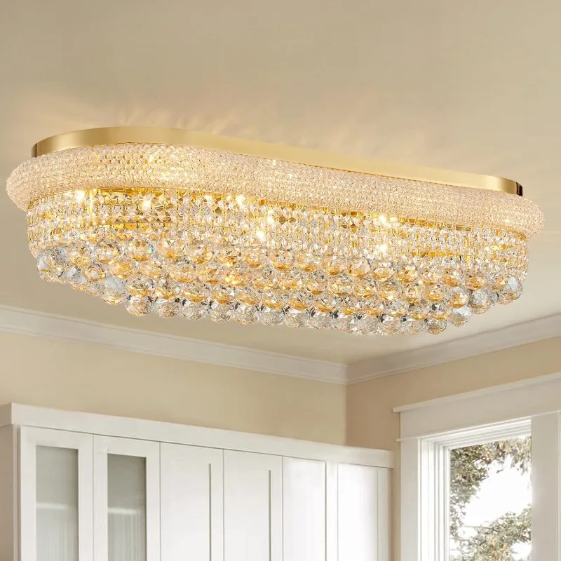 Oval Gold Ceiling Crystal Chandeliers - Length 36 inches Fulsh Mounted Chandelier Light Fixtures for Living Dining Room, Bedroom