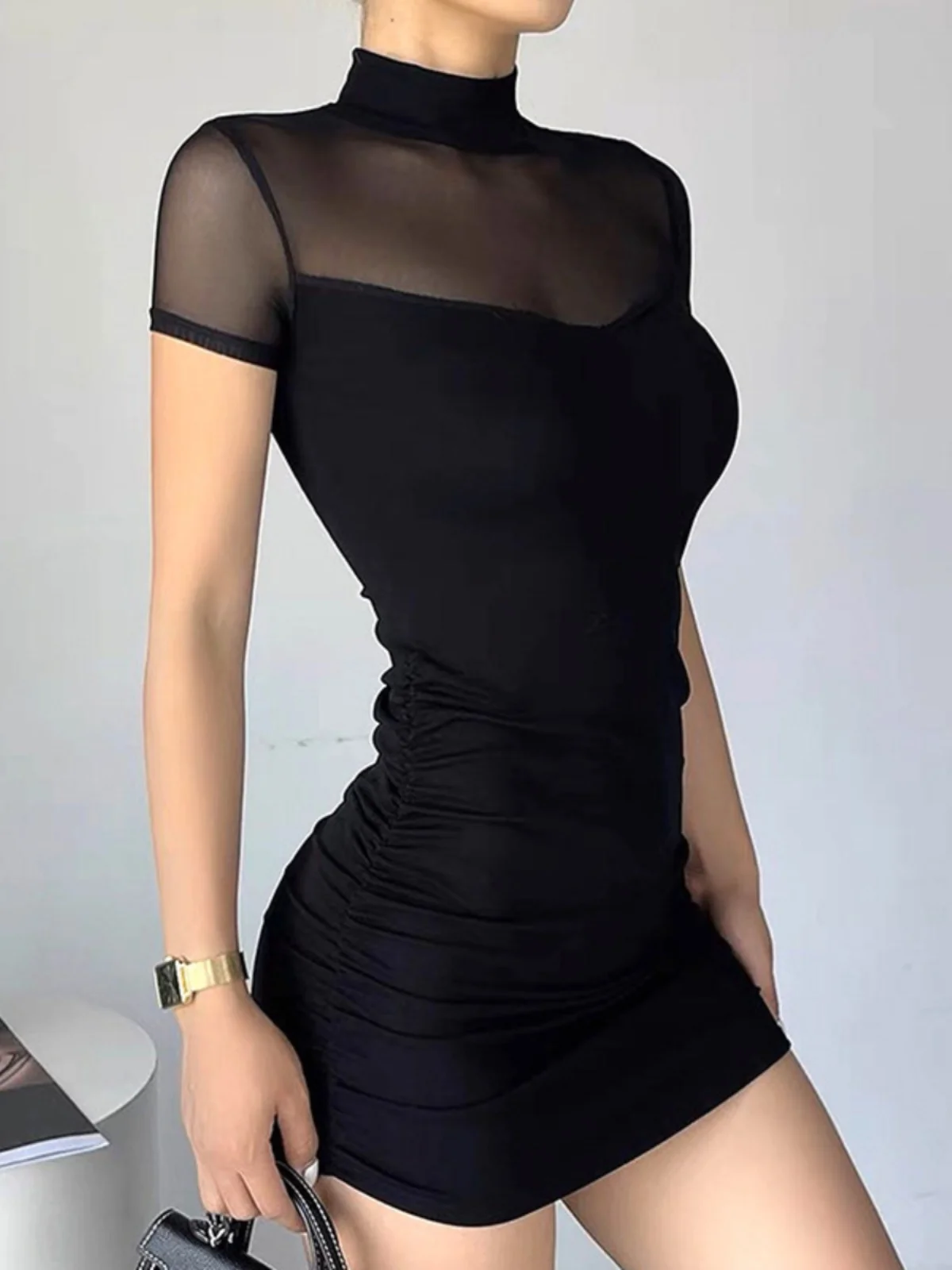 

Sexy High Ne Me Patchwork Dr Women's Faion Spring Autumn Winter ort Sve High Waist Bodycon Dr