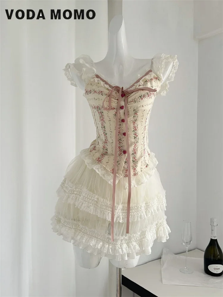 

Женский элегантный костюм-двойка Y2k 2000-х годов, комплекты с кружевной лоскутной юбкой, винтажный укороченный топ без рукавов и мини-юбки трапециевидной формы