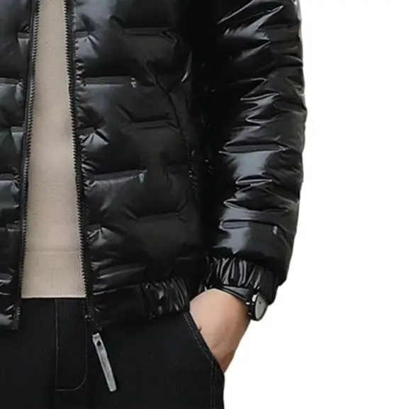 Men's Glossy Polyester Parka Jacket with Cotton Padding and Stand Collar for Spring Autumn Winter Warm Outerwear