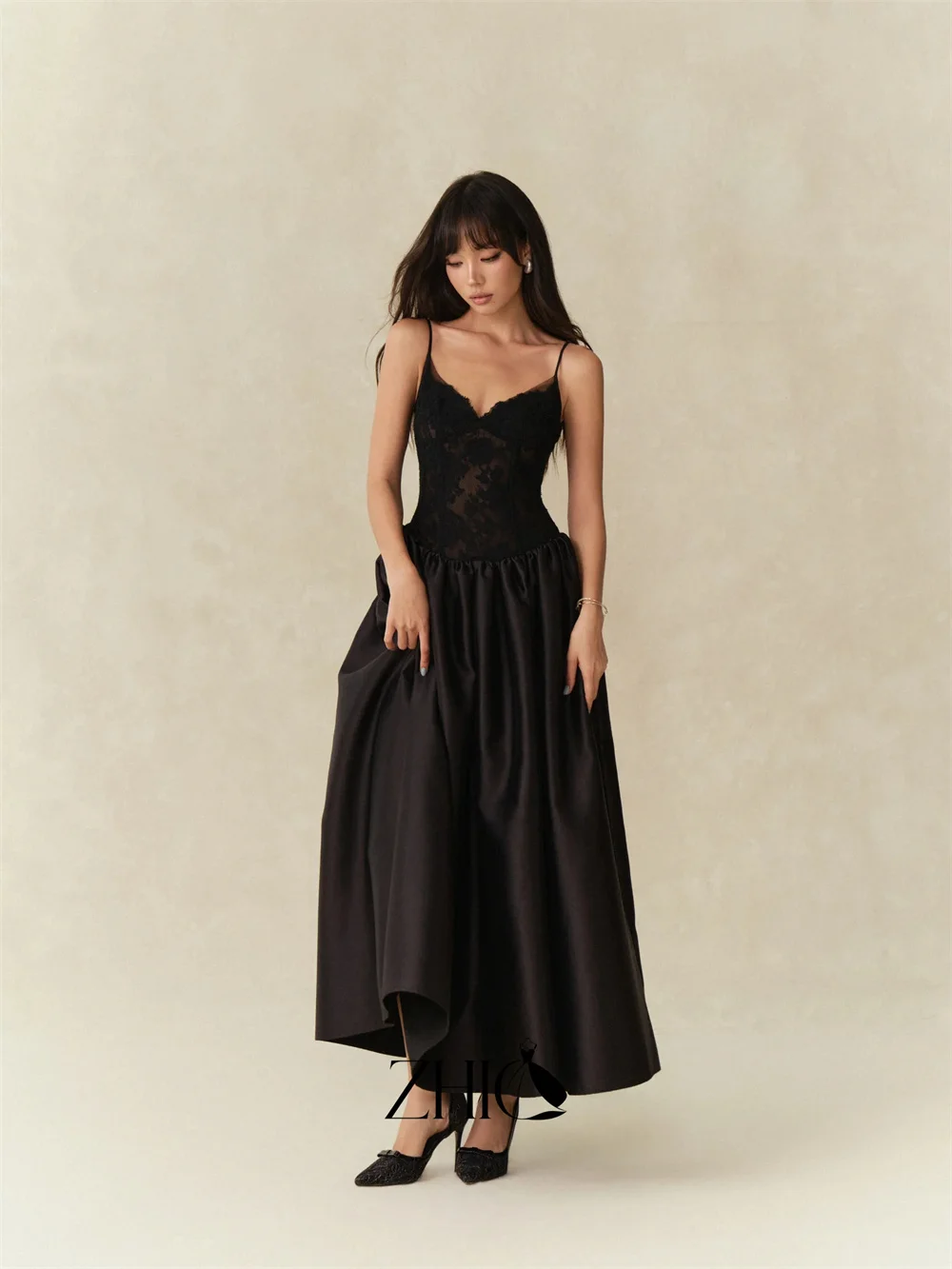 ZHIO Elegant Black Spaghetti Strap Lace Detachable Shawl Satin Ankle Length Evening Garments Ball Gown Customized 2027