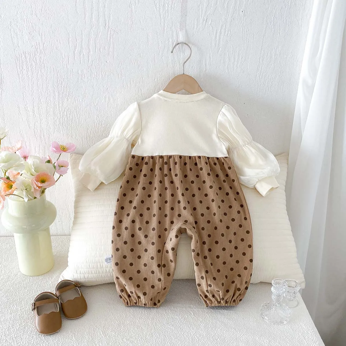 Baby Girl Faux Two-Piece Romper Corduroy Polka Dot Overalls with 3D Flower Decoration and Puffy Long Sleeves Infant Spring and Autumn Romper