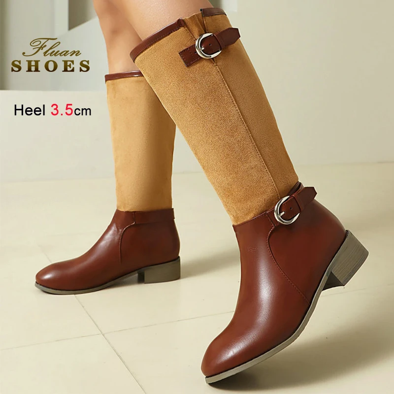 

2025 Retro Winter Brown Red Pathwork Women's Knight Boots Thick High Heels 3.5cm Pointed Toe Belt Buckle Slip On Slim Long Boots