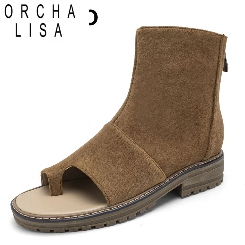 

ORCHA LISA римские женские сандалии с застежкой на носок из флока, замша, толстые каблуки, большой размер 41, 42, 43, повседневная летняя обувь на молнии для отдыха для женщин